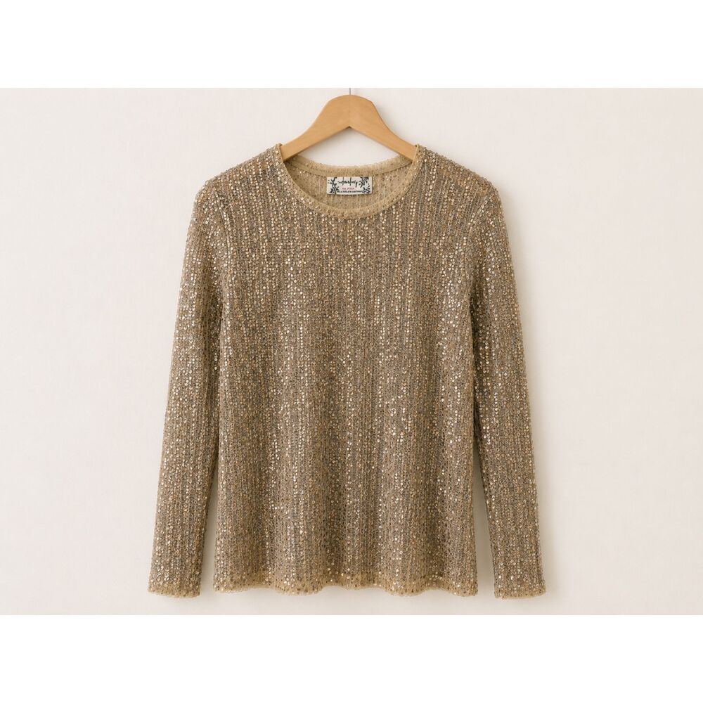 Free People Intimately Sequin Long Sleeve Top  Women's XS | Champagne Gold | EUC
